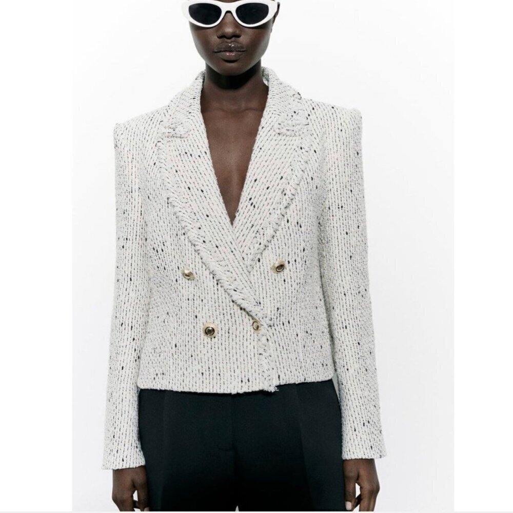 Zara Tweed Double-Breasted Jacket in White, Size Medium NEW WITH TAG!